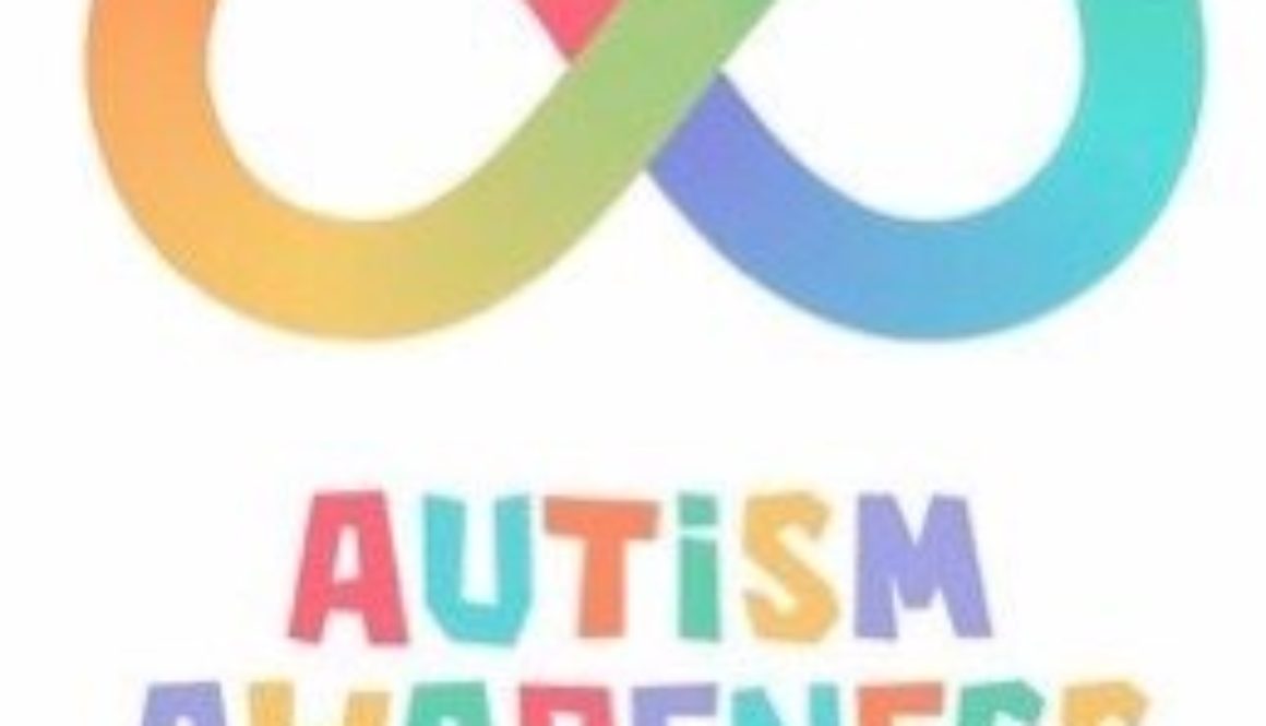 Rainbow colored infinity symbol with the text "Autism Awareness Month" in rainbow colored letters.