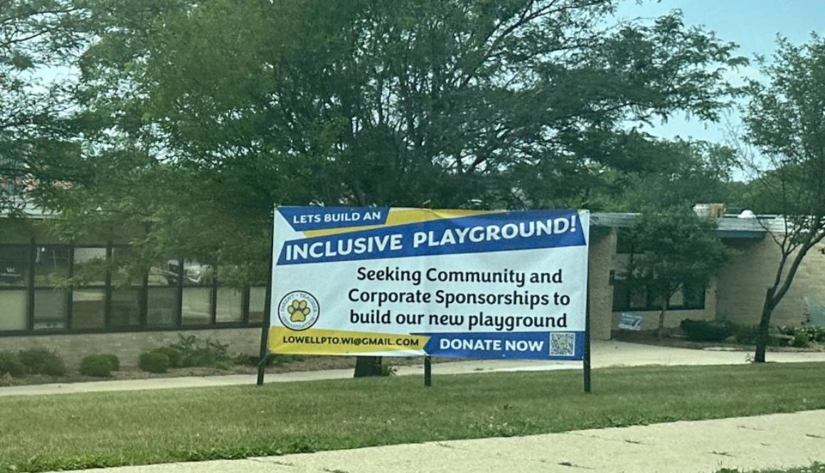 Sign in front of Lowell Elementary that says "Let's build an inclusive playground!"