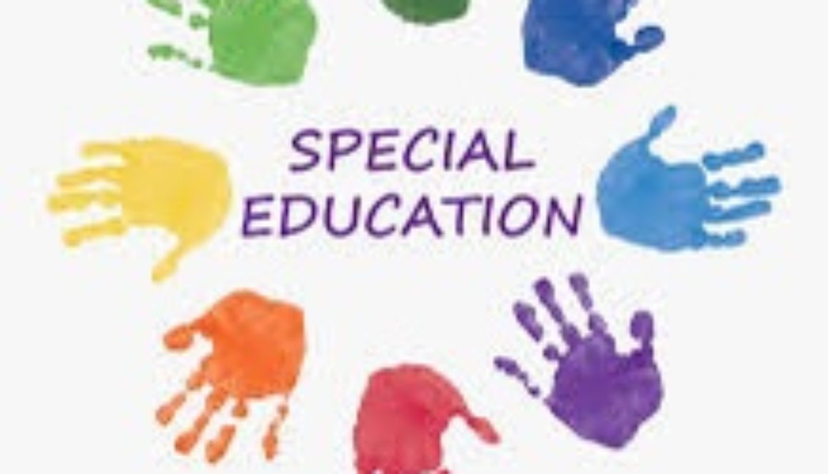 "Special Education" in purple text surrounded by rainbow handprints