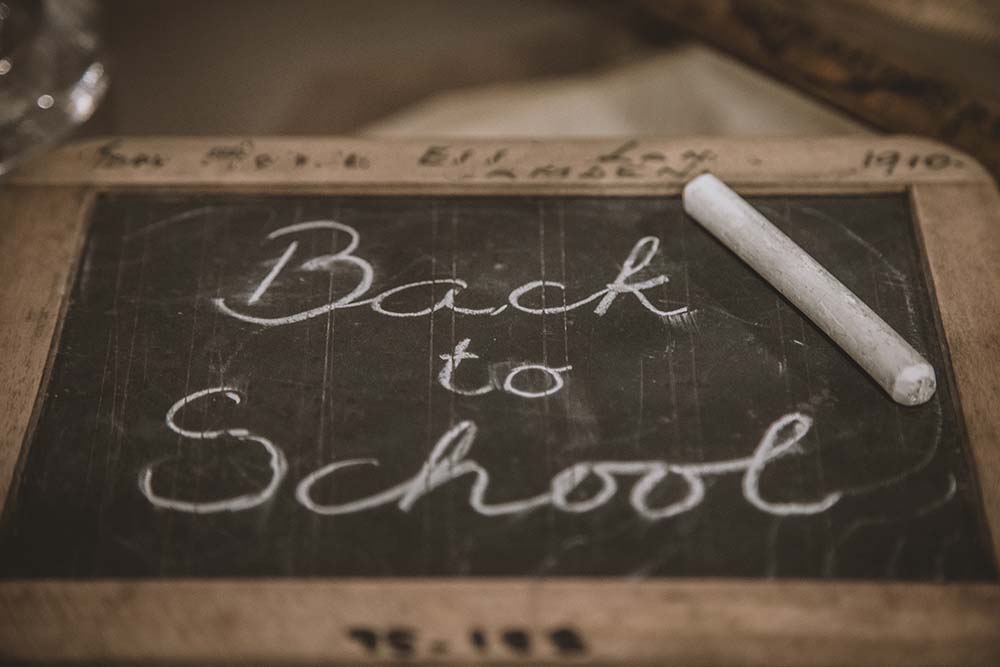 the words "Back to School" written on a small chalkboard