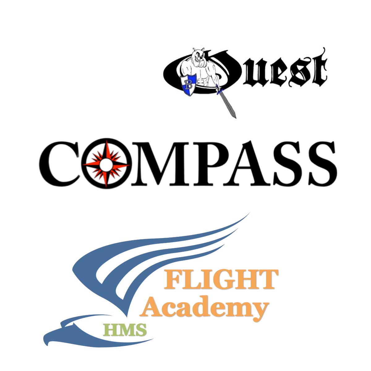 Logos for the Quest, Compass, and FLIGHT programs