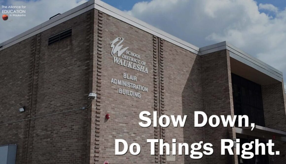 A photo of SDW district office with the text Slow Down. Do Things Right.